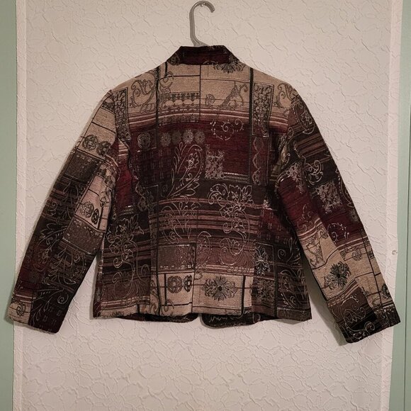 Dress Barn Burgundy Tan Beige Fall Colors Tapestry Zip Up Blazer Size Large - Picture 2 of 12